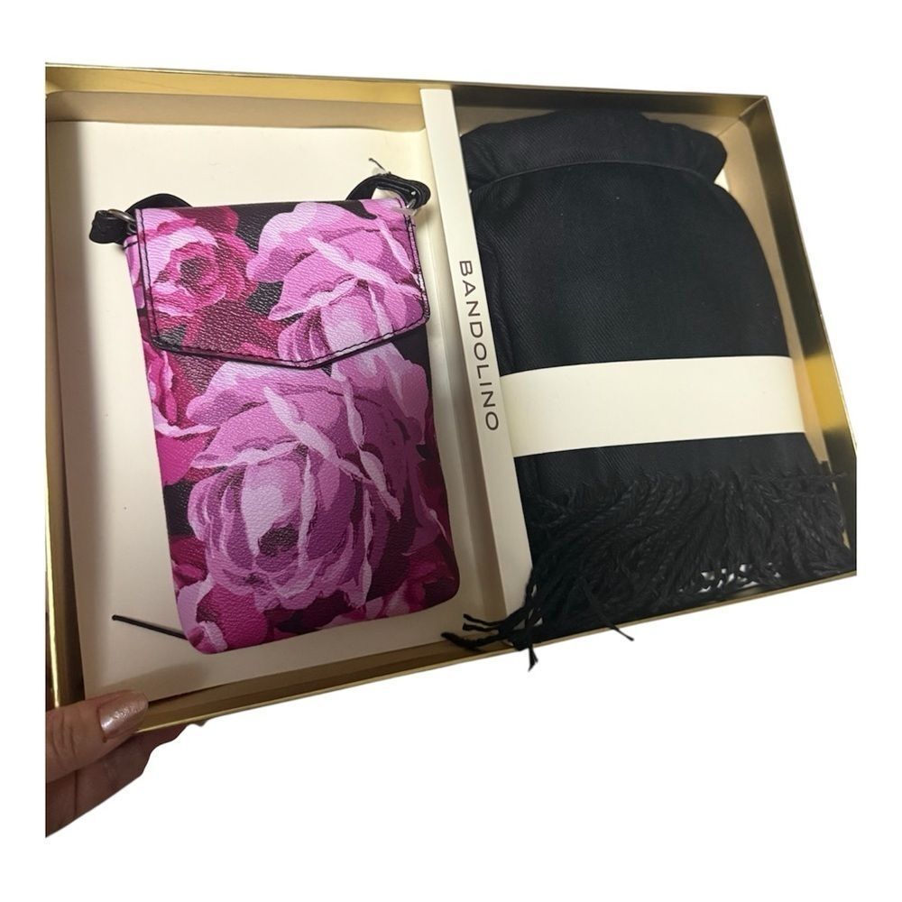 Bandolino Pink Floral Bag and Black Scarf Gift Set  Set